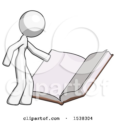 White Design Mascot Woman Reading Big Book While Standing Beside It by Leo Blanchette