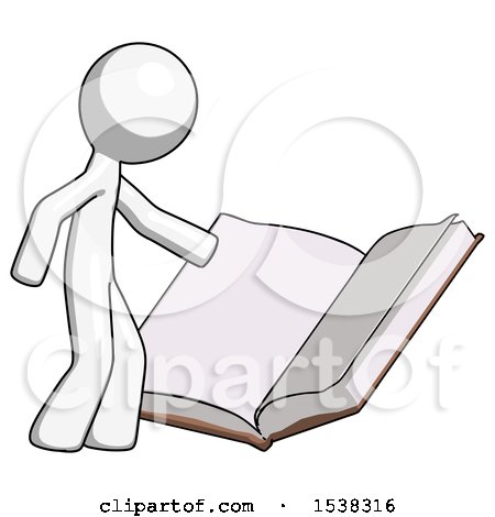 White Design Mascot Man Reading Big Book While Standing Beside It by Leo Blanchette