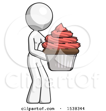 White Design Mascot Woman Holding Large Cupcake Ready to Eat or Serve by Leo Blanchette