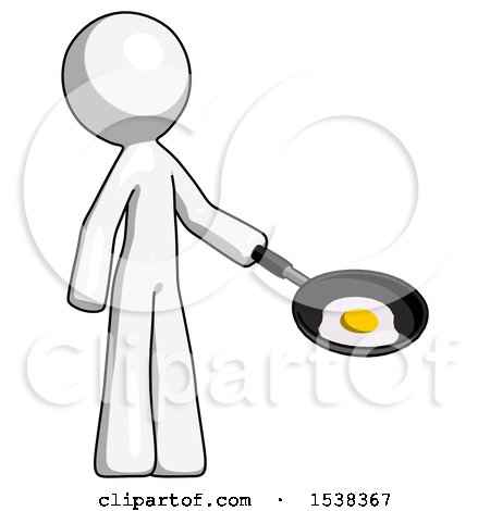White Design Mascot Man Frying Egg in Pan or Wok Facing Right by Leo Blanchette
