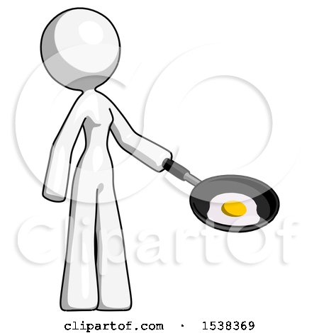 White Design Mascot Woman Frying Egg in Pan or Wok Facing Right by Leo Blanchette