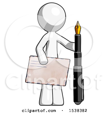 White Design Mascot Man Holding Large Envelope and Calligraphy Pen by Leo Blanchette