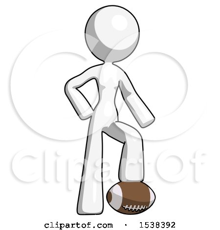 White Design Mascot Woman Standing with Foot on Football by Leo Blanchette