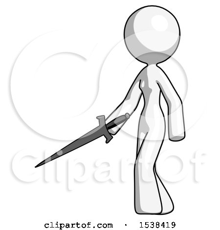 White Design Mascot Woman with Sword Walking Confidently by Leo Blanchette