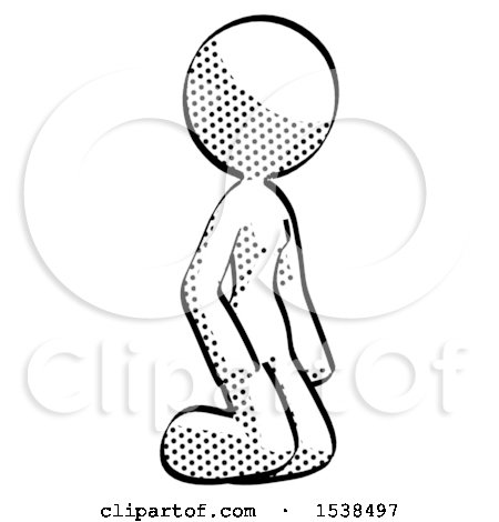 Halftone Design Mascot Woman Kneeling Angle View Right by Leo Blanchette
