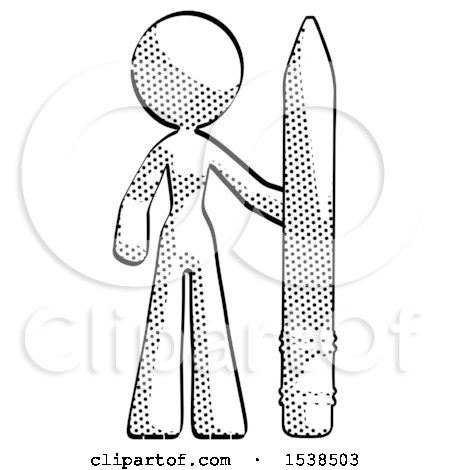 Halftone Design Mascot Woman with Large Pencil Standing Ready to Write by Leo Blanchette