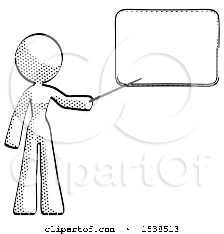 Halftone Design Mascot Woman Pointing at Dry-erase Board with Stick Giving Presentation by Leo Blanchette