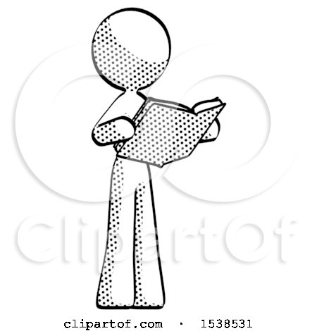Halftone Design Mascot Woman Reading Book While Standing up Facing Away by Leo Blanchette