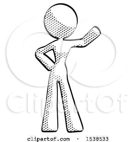 Halftone Design Mascot Woman Waving Left Arm with Hand on Hip by Leo Blanchette