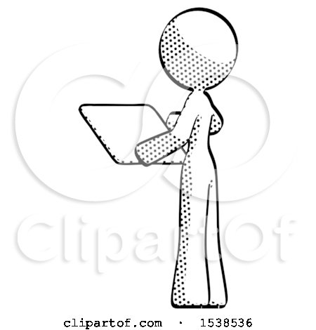 Halftone Design Mascot Woman Looking at Tablet Device Computer with Back to Viewer by Leo Blanchette