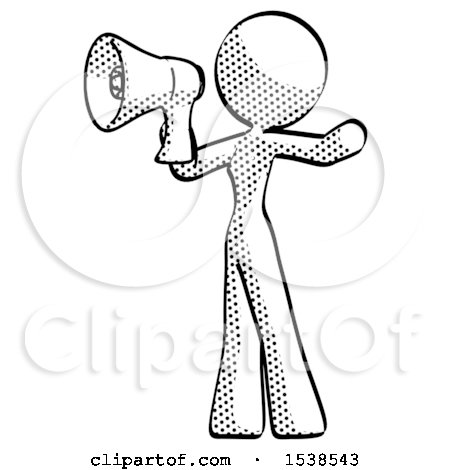 Halftone Design Mascot Woman Shouting into Megaphone Bullhorn Facing Left by Leo Blanchette