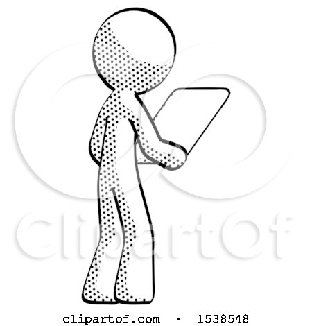Halftone Design Mascot Man Looking at Tablet Device Computer Facing Away by Leo Blanchette
