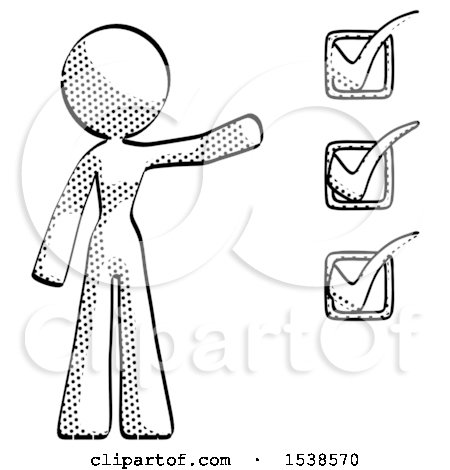 Halftone Design Mascot Woman Standing by a Checkmark List Arm Extended by Leo Blanchette
