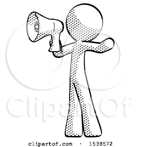 Halftone Design Mascot Man Shouting into Megaphone Bullhorn Facing Left by Leo Blanchette