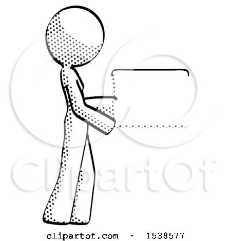 Halftone Design Mascot Woman Show Tablet Device Computer to Viewer, Blank Area by Leo Blanchette