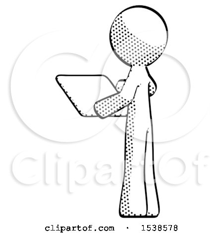 Halftone Design Mascot Man Looking at Tablet Device Computer with Back to Viewer by Leo Blanchette