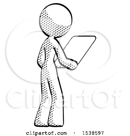 Halftone Design Mascot Woman Looking at Tablet Device Computer Facing Away by Leo Blanchette