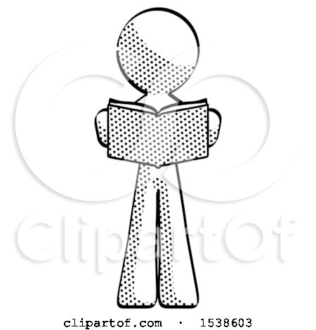 Halftone Design Mascot Man Reading Book While Standing up Facing Viewer by Leo Blanchette