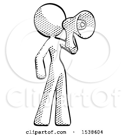 Halftone Design Mascot Woman Shouting into Megaphone Bullhorn Facing Right by Leo Blanchette