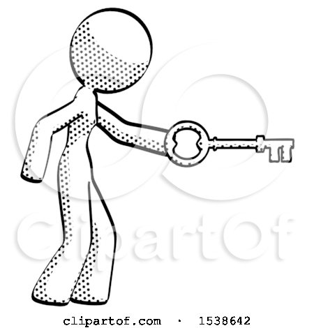Halftone Design Mascot Woman with Big Key of Gold Opening Something by Leo Blanchette