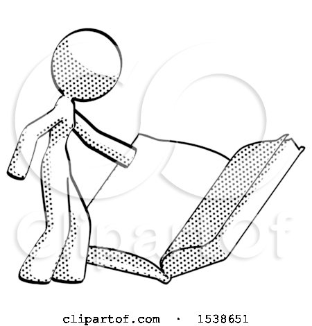 Halftone Design Mascot Woman Reading Big Book While Standing Beside It by Leo Blanchette