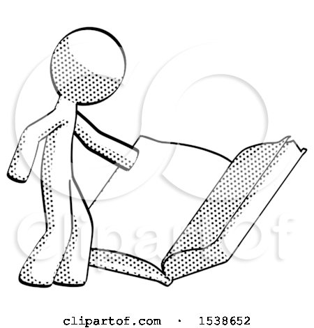Halftone Design Mascot Man Reading Big Book While Standing Beside It by Leo Blanchette