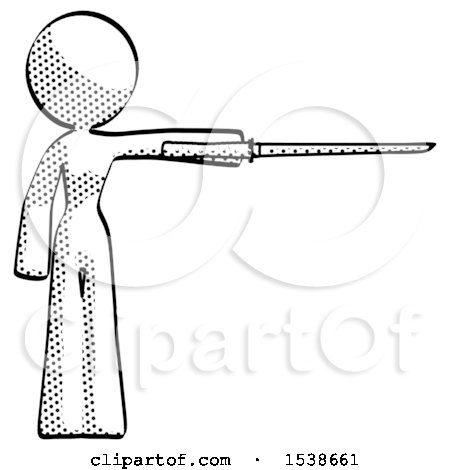 Halftone Design Mascot Woman Standing with Ninja Sword Katana Pointing Right by Leo Blanchette