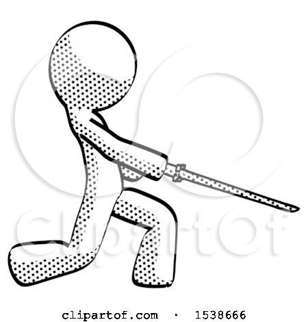 Halftone Design Mascot Man with Ninja Sword Katana Slicing or Striking Something by Leo Blanchette
