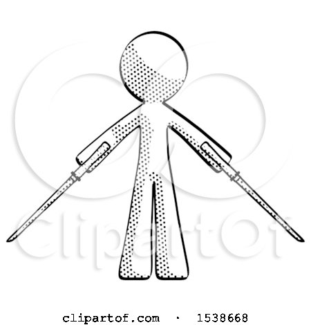 Halftone Design Mascot Man Posing with Two Ninja Sword Katanas by Leo Blanchette