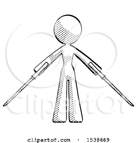 Halftone Design Mascot Woman Posing with Two Ninja Sword Katanas by Leo Blanchette