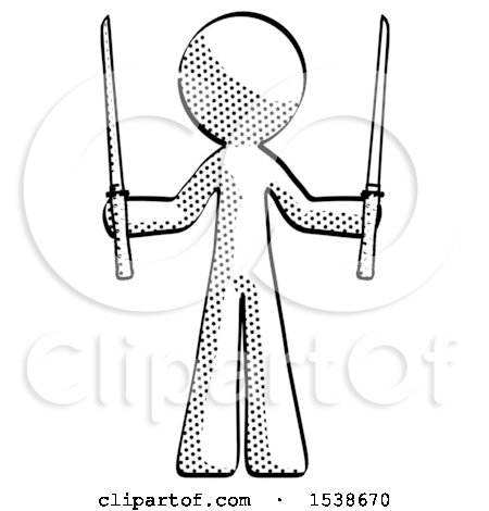Halftone Design Mascot Man Posing with Two Ninja Sword Katanas up by Leo Blanchette