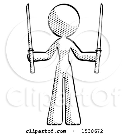 Halftone Design Mascot Woman Posing with Two Ninja Sword Katanas up by Leo Blanchette