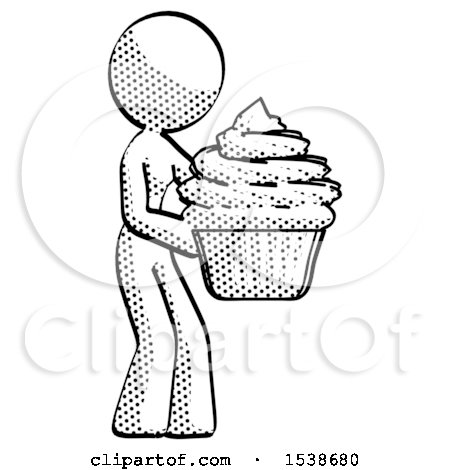 Halftone Design Mascot Woman Holding Large Cupcake Ready to Eat or Serve by Leo Blanchette