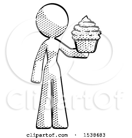 Halftone Design Mascot Woman Presenting Pink Cupcake to Viewer by Leo Blanchette