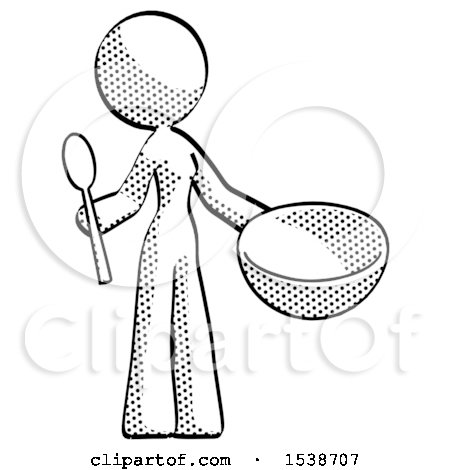 Halftone Design Mascot Woman with Empty Bowl and Spoon Ready to Make Something by Leo Blanchette