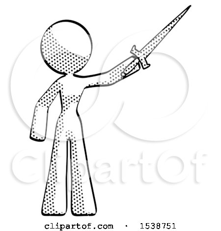 Halftone Design Mascot Woman Holding Sword in the Air Victoriously by Leo Blanchette