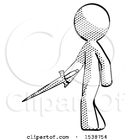 Halftone Design Mascot Man with Sword Walking Confidently by Leo Blanchette