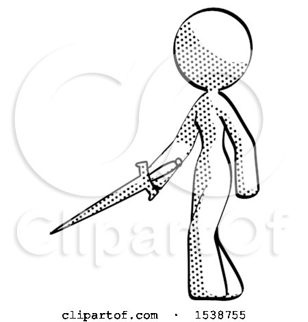Halftone Design Mascot Woman with Sword Walking Confidently by Leo Blanchette