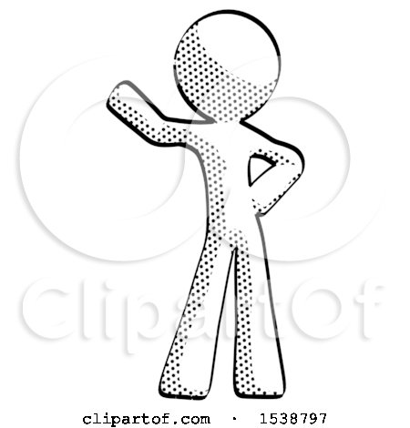 Halftone Design Mascot Man Waving Right Arm with Hand on Hip by Leo Blanchette