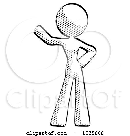 Halftone Design Mascot Woman Waving Right Arm with Hand on Hip by Leo Blanchette