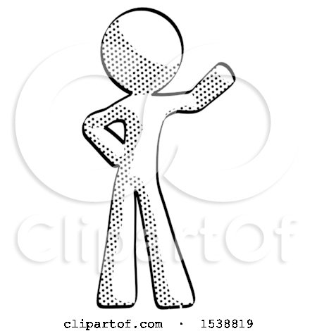 Halftone Design Mascot Man Waving Left Arm with Hand on Hip by Leo Blanchette
