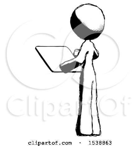 Ink Design Mascot Woman Looking at Tablet Device Computer with Back to Viewer by Leo Blanchette