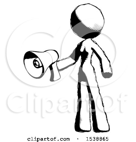 Ink Design Mascot Woman Holding Megaphone Bullhorn Facing Right by Leo Blanchette