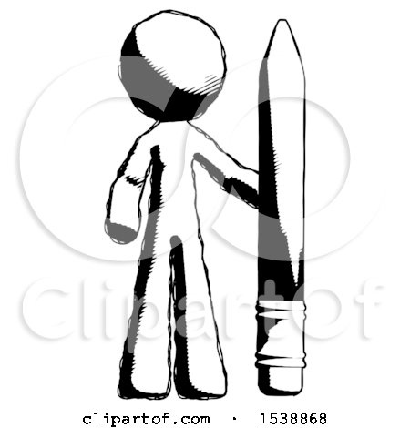 Ink Design Mascot Man with Large Pencil Standing Ready to Write by Leo Blanchette