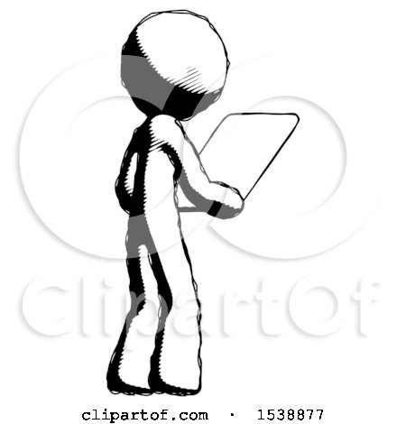 Ink Design Mascot Man Looking at Tablet Device Computer Facing Away by Leo Blanchette