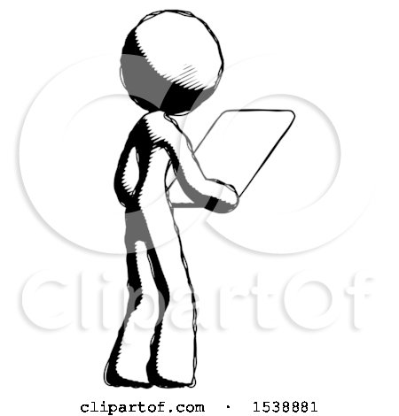 Ink Design Mascot Woman Looking at Tablet Device Computer Facing Away by Leo Blanchette