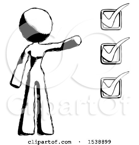 Ink Design Mascot Woman Standing by a Checkmark List Arm Extended by Leo Blanchette