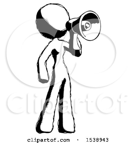 Ink Design Mascot Woman Shouting into Megaphone Bullhorn Facing Right by Leo Blanchette