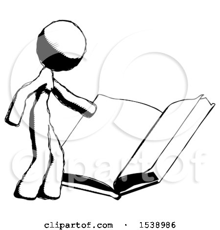 Ink Design Mascot Woman Reading Big Book While Standing Beside It by Leo Blanchette