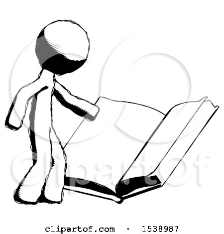 Ink Design Mascot Man Reading Big Book While Standing Beside It by Leo Blanchette